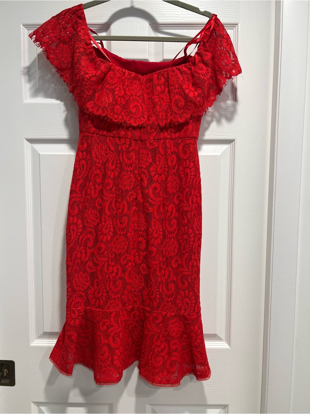 BCBGMaxAzria Girls Red Lace Off-Shoulder Dress